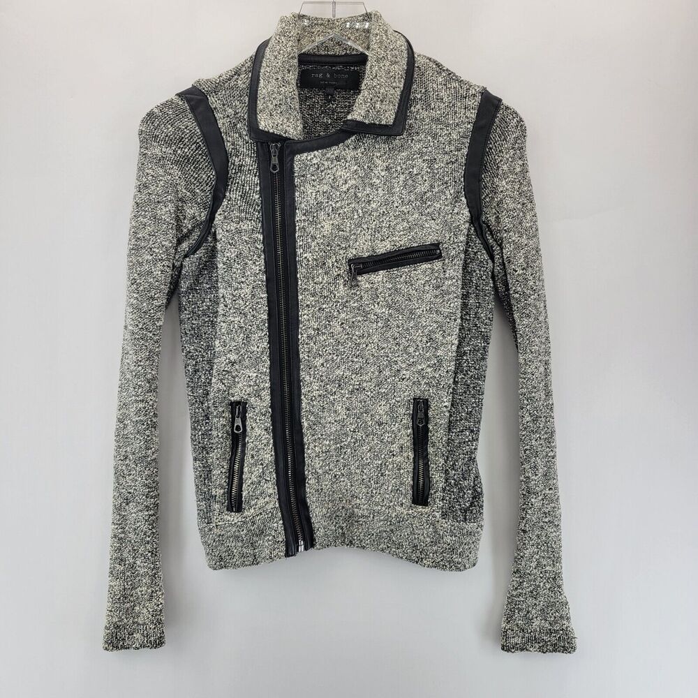 rag & bone Moto Jacket Womens‎ XS Knit Leather Trim Melinda Gray White Boucle